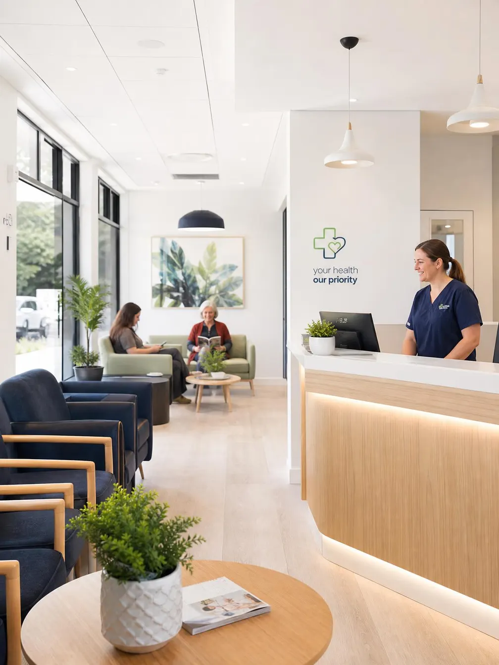 Bright modern medical clinic reception with staff member greeting patients in the waiting area