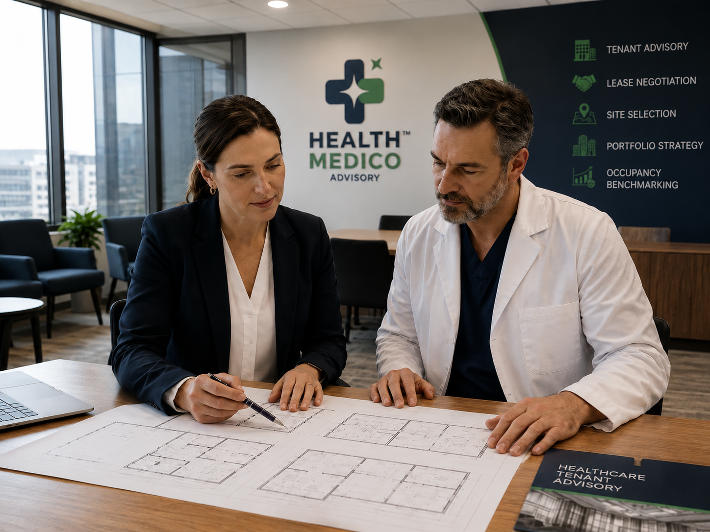 Tenant adviser and specialist doctor reviewing floor plans in a modern Health MediCo™ Advisory office