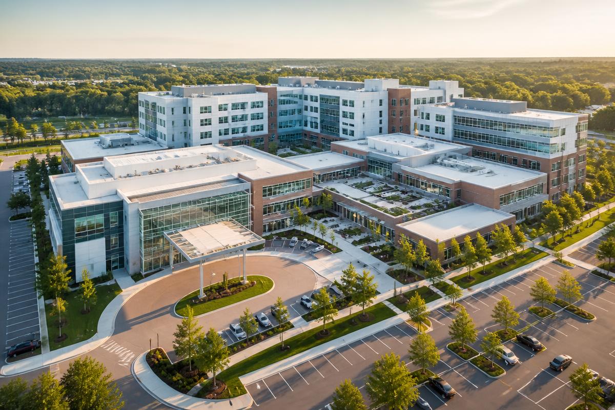 Aerial view of a modern medical campus