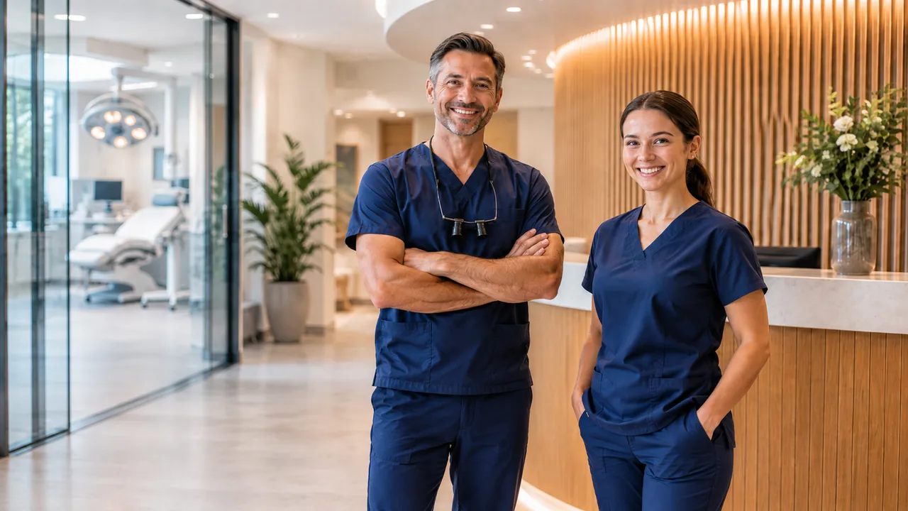 Two healthcare professionals in navy scrubs standing in a bright modern clinic reception with a treatment room and timber slat wall